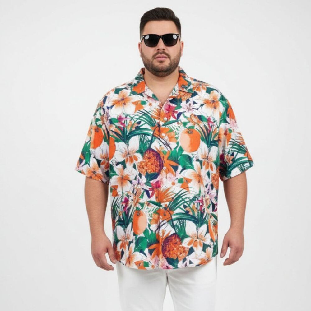 Caribbean Tan Orange & Green Floral Print Short Sleeve Button Up Shirt 2XT